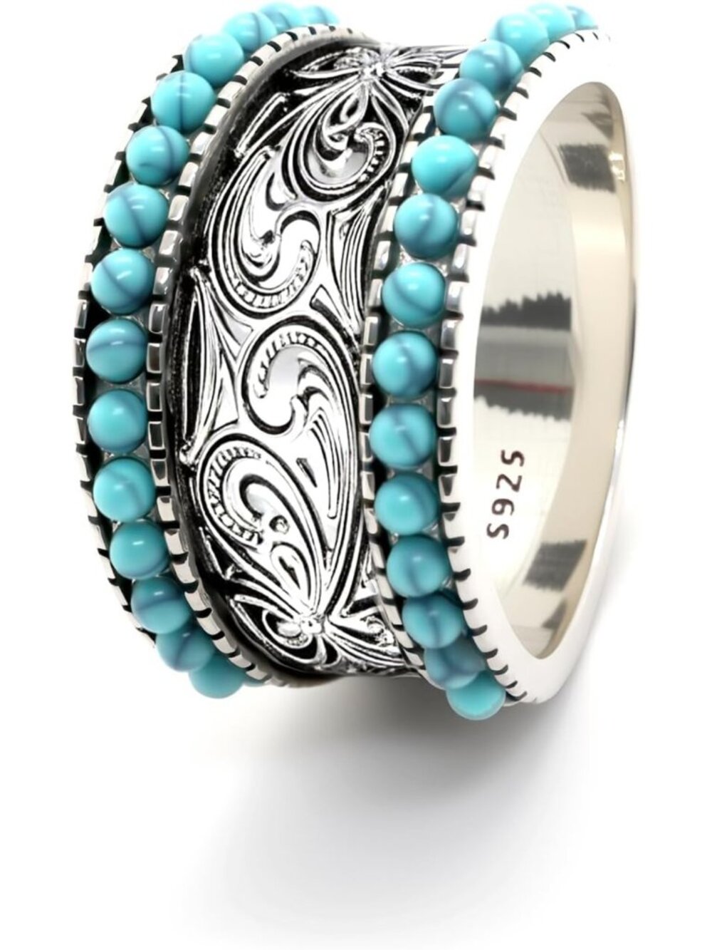 Turquoise Spheres Engraved Band Ring for Women & Men | S925 Sterling Silver Boho